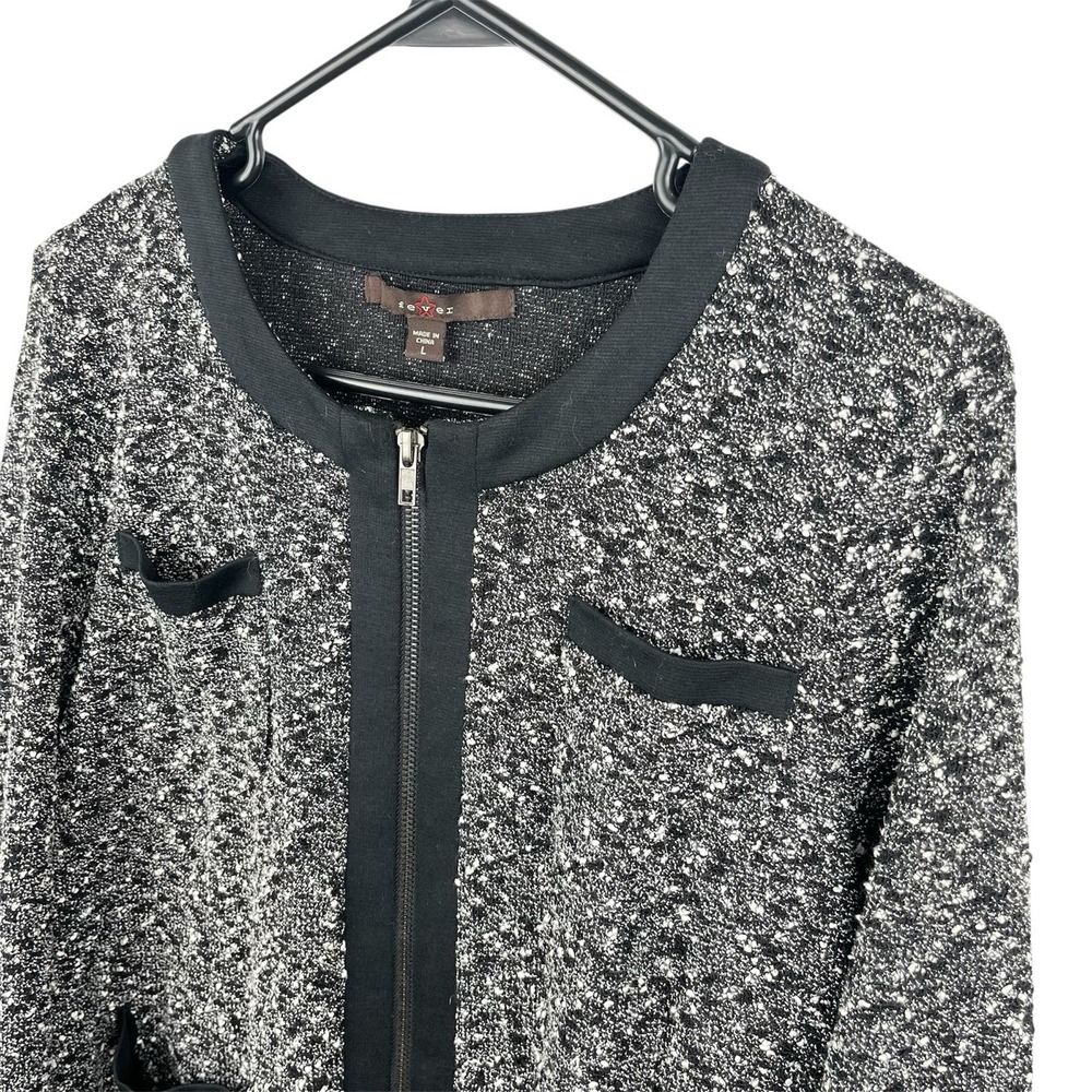 Fever‎ Black White Sweater Blazer Full Zip Jacket Preppy Work Women's Size Large